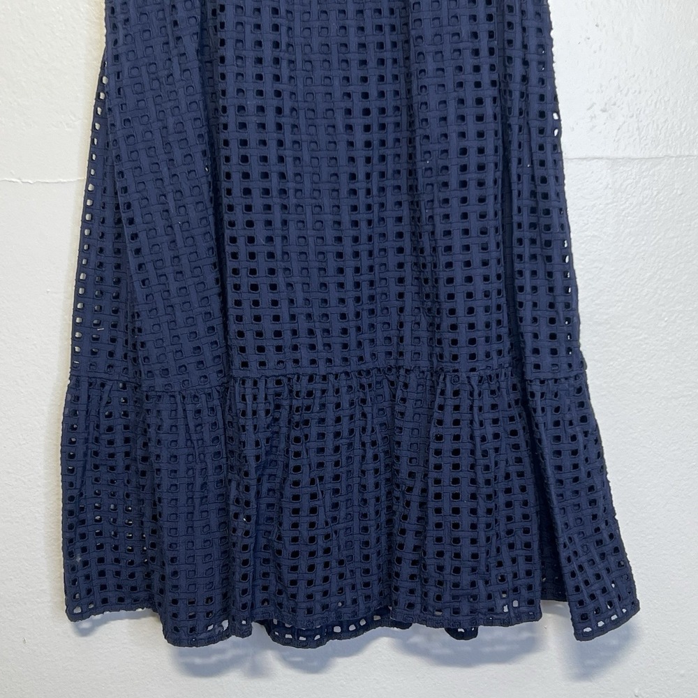 J. Crew Navy Blue Sleeveless Eyelet Dress Sz 12 A-Line‎ Flounce Hem Tie Waist - Picture 8 of 15